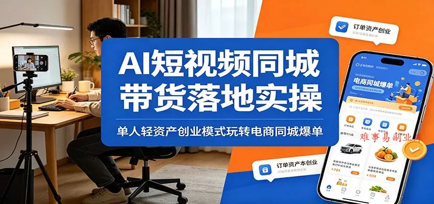 AI短视频同城带货落地实操：单人轻资产创业模式玩转电商同城爆单-难事易副业库