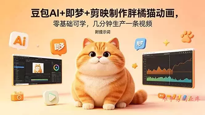 （18431期）豆包AI+即梦+剪映制作胖橘猫动画，零基础可学，几分钟生产一条视频，附提示词-难事易副业库