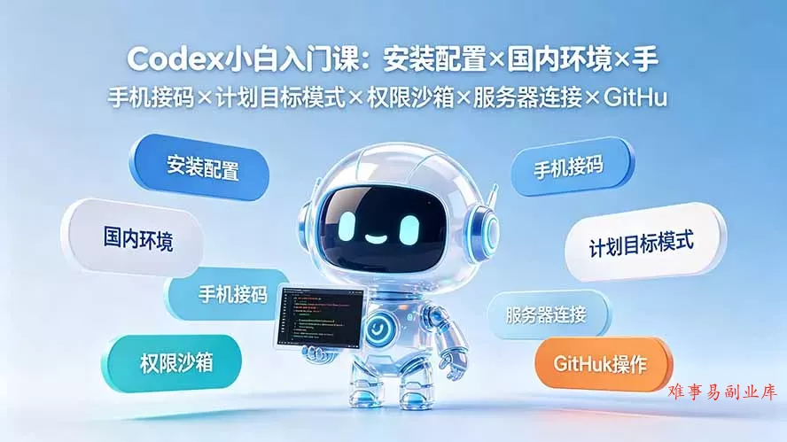 Codex小白入门课：安装配置×国内环境×手机接码×计划目标模式×权限沙箱×服务器连接×GitHub操作-难事易副业库