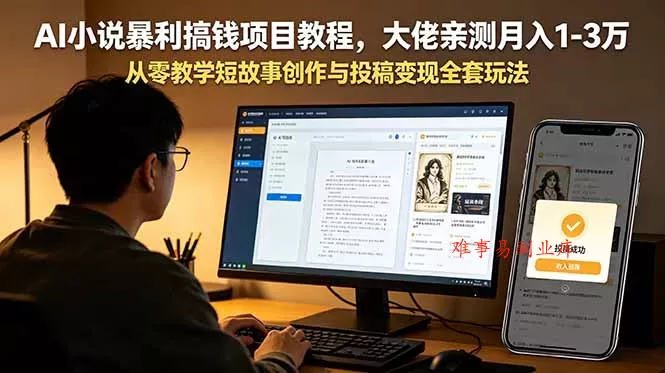 AI小说暴利搞钱项目教程，大佬亲测月入1-3万，从零教学短故事创作与投稿变现全套玩法-难事易副业库