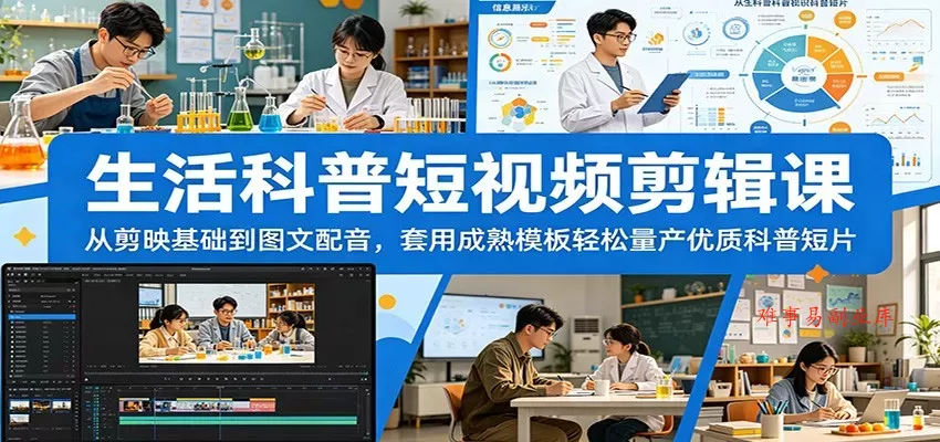 生活科普短视频剪辑课：从剪映基础到图文配音，套用成熟模板轻松量产优质科普短片-难事易副业库