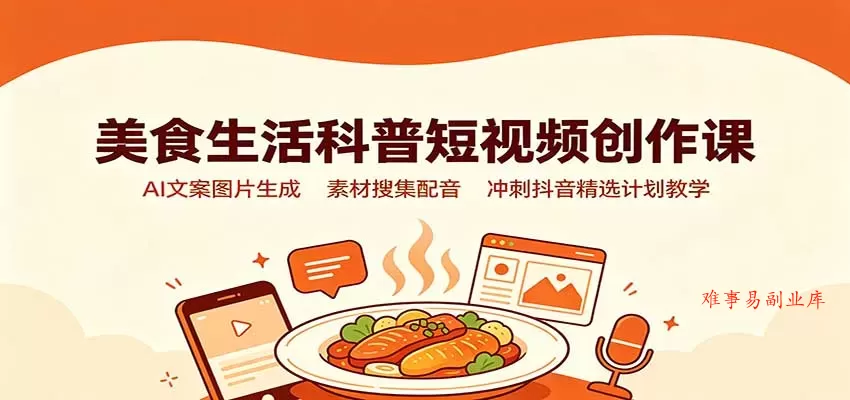 美食生活科普短视频创作课：AI文案图片生成，素材搜集配音，冲刺抖音精选计划教学-难事易副业库