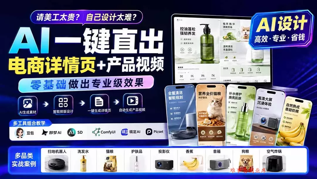 请美工太贵？自己设计太难？AI一键直出电商详情页+产品视频，零基础做出专业级效果 (更新0820-难事易副业库