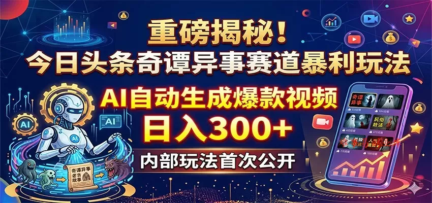 重磅揭秘!今日头条奇谭异事赛道暴利玩法:AI自动生成爆款视频,日入300+ 重磅揭秘!今日头条奇谭异事赛道暴利玩法:AI自动生成爆款视频,日入300+
