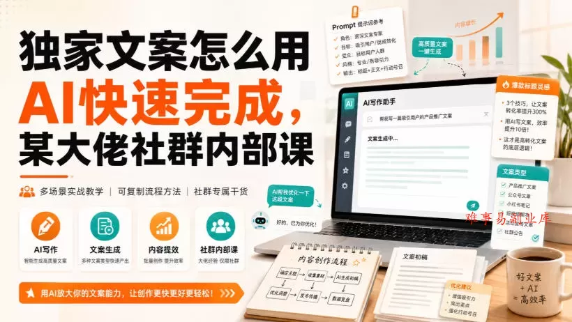 独家文案怎么用AI快速完成，某大佬社群内部课-难事易副业库
