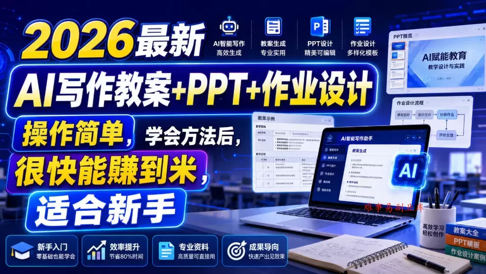 2026最新AI写作教案+PPT+作业设计，操作简单，学会方法后，很快能賺到米，适合新手-难事易副业库