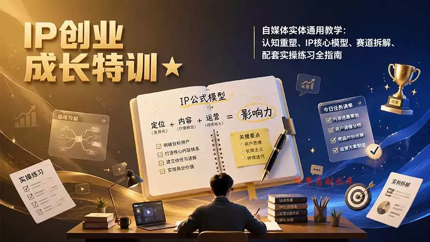 IP创业成长特训★自媒体实体通用教学：认知重塑、IP核心模型、赛道拆解、配套实操练习全指南-难事易副业库