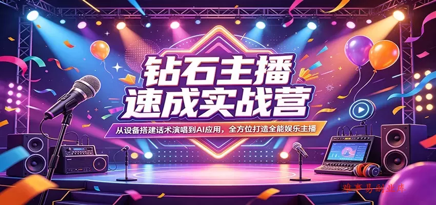 钻石主播速成实战营：从设备搭建话术演唱到AI应用，全方位打造全能娱乐主播-难事易副业库