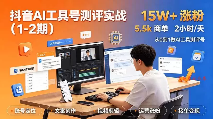 （19380期）抖音AI工具号测评实战（1-2期）：单号涨粉15W+×商单5.5k×伙伴计划×普通人可复制，每天2小时长期可持续-难事易副业库