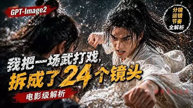 用GPT-Image2，把一段武打对决拆成24个连续镜头，从人物建立、动作衔接、运镜节奏，到情绪爆发-难事易副业库