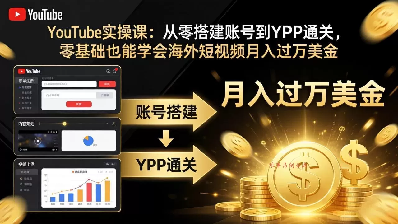 YouTube实操课:从零搭建账号到YPP通关,零基础也能学会海外短视频月入过万美金-难事易副业库