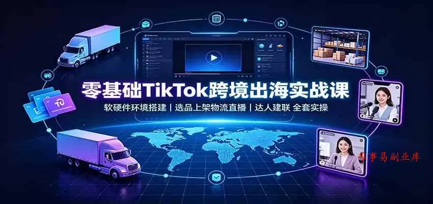 零基础TikTok跨境出海实战课：软硬件环境搭建，选品上架物流直播，达人建联全套实操-难事易副业库