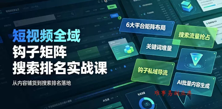 短视频全域钩子矩阵搜索排名实战课｜6大平台矩阵布局、关键词堆量抢占搜索流量、钩子私域导流、AI批量内容生成-难事易副业库
