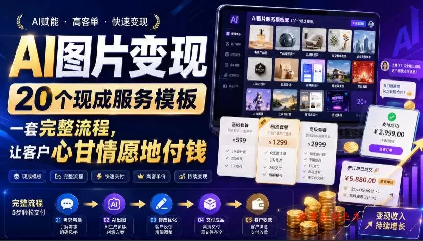 （19395期）AI图片变现，20个现成服务模板，一套完整流程，让客户心甘情愿地付钱【原创双语字幕】-难事易副业库