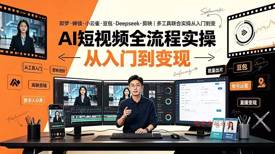 AI短视频全流程实操：即梦·蝉镜·小云雀·豆包·Deepseek·剪映｜多工具联合实操从入门到变现-难事易副业库