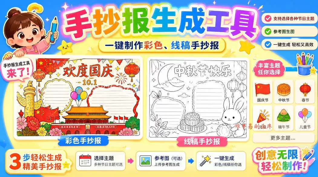 手抄报批量生成工具来了，完全免费，告别豆包生图，高清无水印-难事易副业库