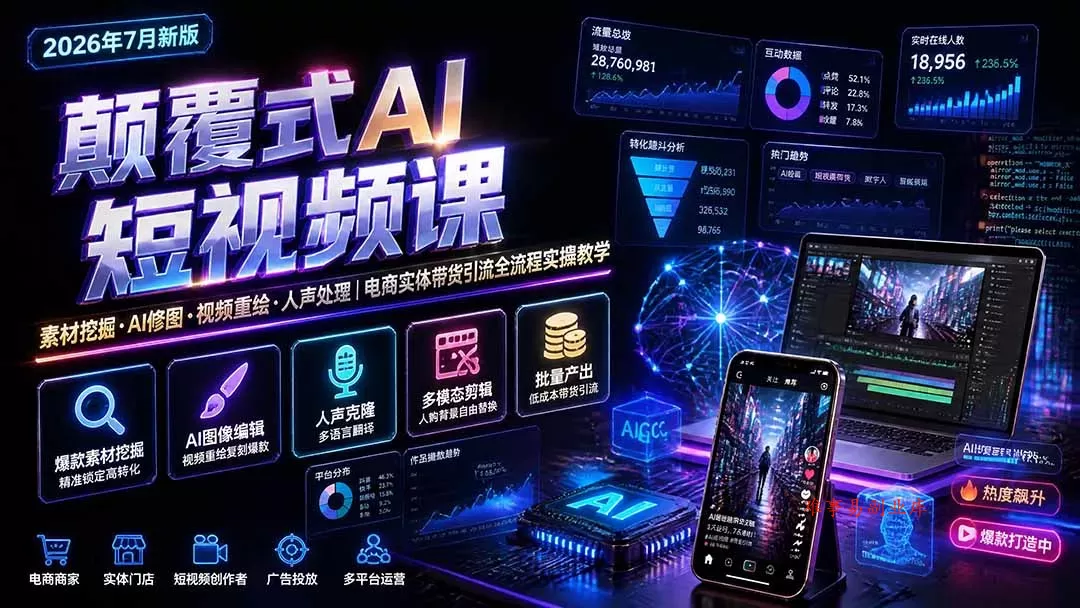 颠覆式AI短视频课｜素材挖掘，AI修图，视频重绘，人声处理｜电商实体带货引流全流程实操教学-难事易副业库