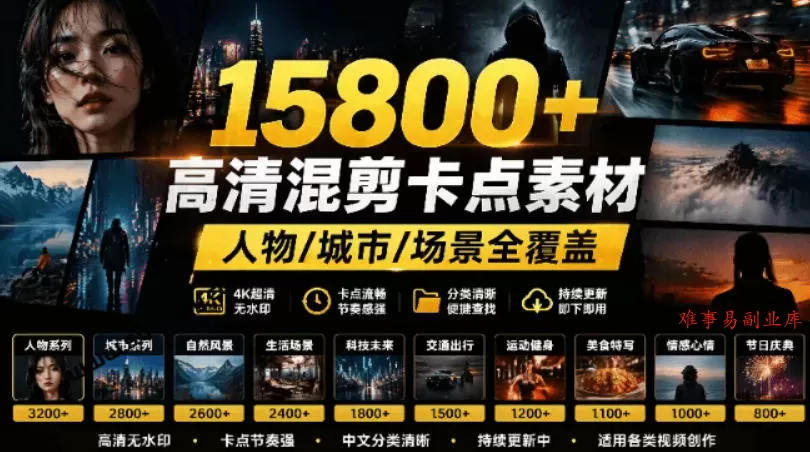 【影视剪辑素材合集】15800+高清混剪卡点｜热门影视精彩片段｜人物/城市/场景全覆盖，中文分类清晰-难事易副业库