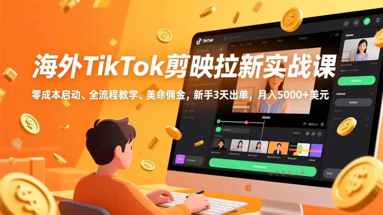 海外TikTok剪映拉新实战课，零成本启动、全流程教学、美金佣金，新手3天出单，月入5000+美元-难事易副业库