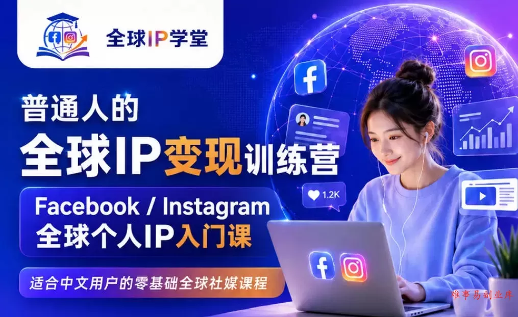 普通人的全球IP变现训练营，Facebook/Instagram全球个人IP入门课，零基础全球社媒课程-难事易副业库