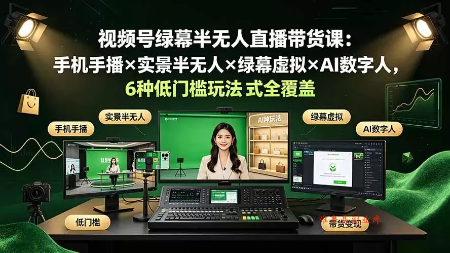 视频号绿幕半无人直播带货课：手机手播×实景半无人×绿幕虚拟×AI数字人，6种低门槛玩法全覆盖-难事易副业库
