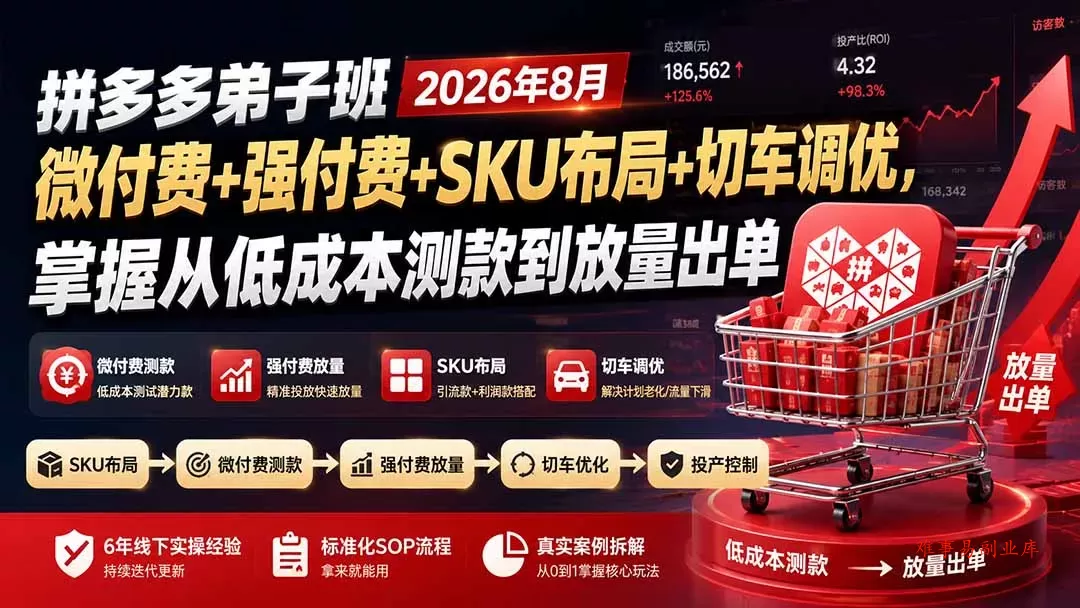 拼多多弟子班2026年8月：微付费+强付费+SKU布局+切车调优，掌握从低成本测款到放量出单