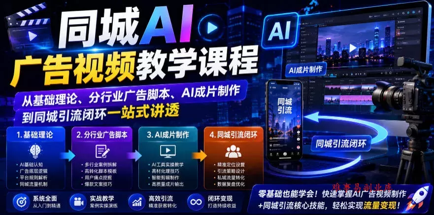 同城AI广告视频教学课程，从基础理论、分行业广告脚本、AI成片制作到同城引流闭环一站式讲透-难事易副业库