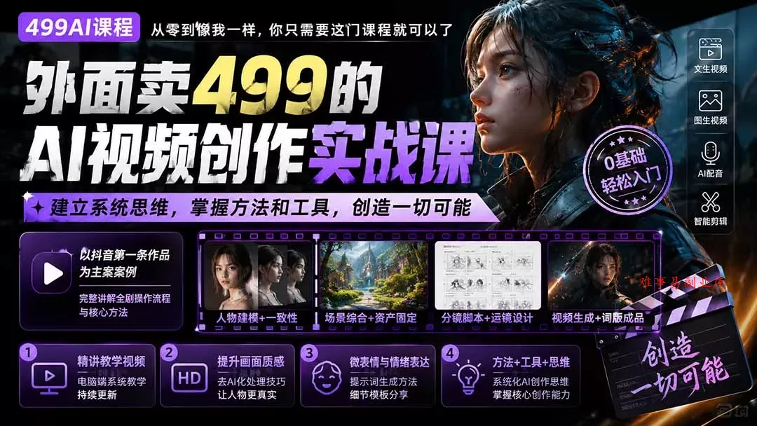 外面卖499的AI视频创作实战课：建立系统思维，掌握方法和工具，创造一切可能。-难事易副业库