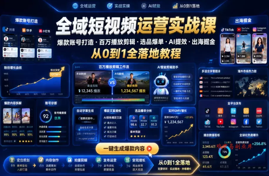 全域短视频运营实战课,爆款账号打造・百万播放剪辑・选品爆单・AI提效・出海掘金,从0到1全落地教程 全域短视频运营实战课,爆款账号打造・百万播放剪辑・选品爆单・AI提效・出海掘金,从0到1全落地教程