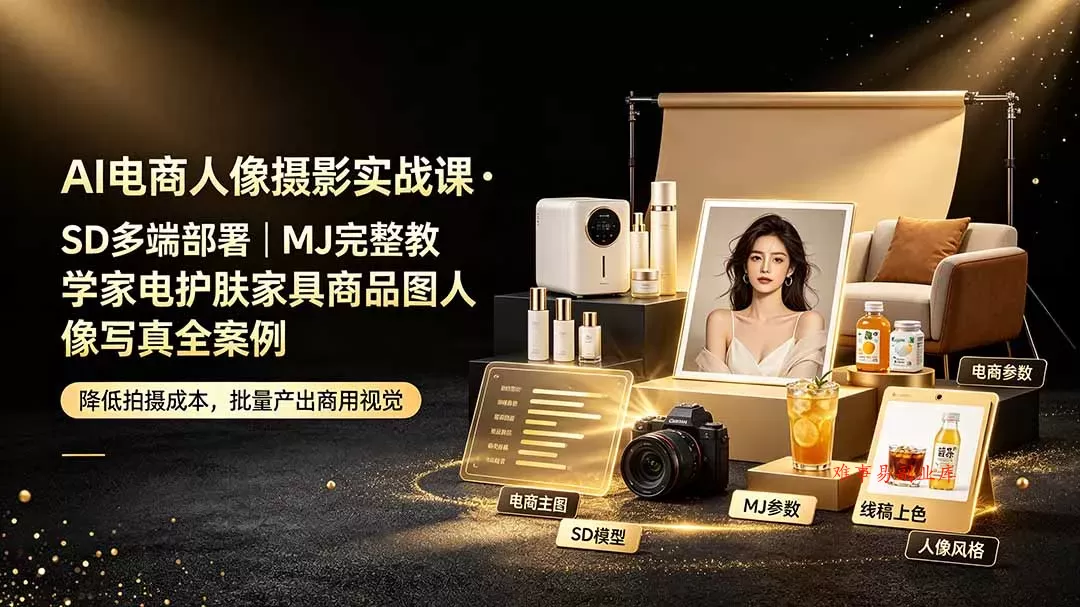 AI电商人像摄影实战课·SD多端部署｜MJ完整教学｜家电护肤家具商品图人像写真全案例-难事易副业库