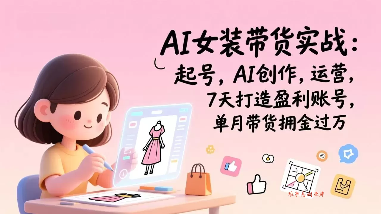 AI女装带货实战：起号，AI创作，运营，7天打造盈利账号，单月带货佣金过万-难事易副业库