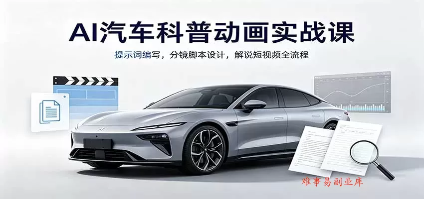 AI汽车科普动画实战课：提示词编写，分镜脚本设计，解说短视频全流程-难事易副业库