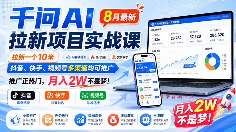 千问AI拉新项目实战课8月最新，拉新一个10米，抖音、快手、视频号多渠道均可推广，推广正热门，月入2W不是梦!(更新0908)-难事易副业库