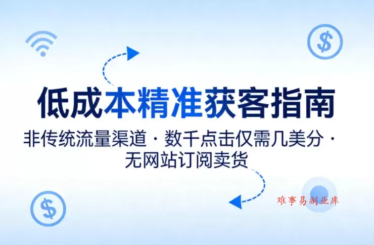 低成本精准获客指南，用非传统流量渠道，实现数千点击仅需几美分，不用网站也能搞订阅卖货-难事易副业库