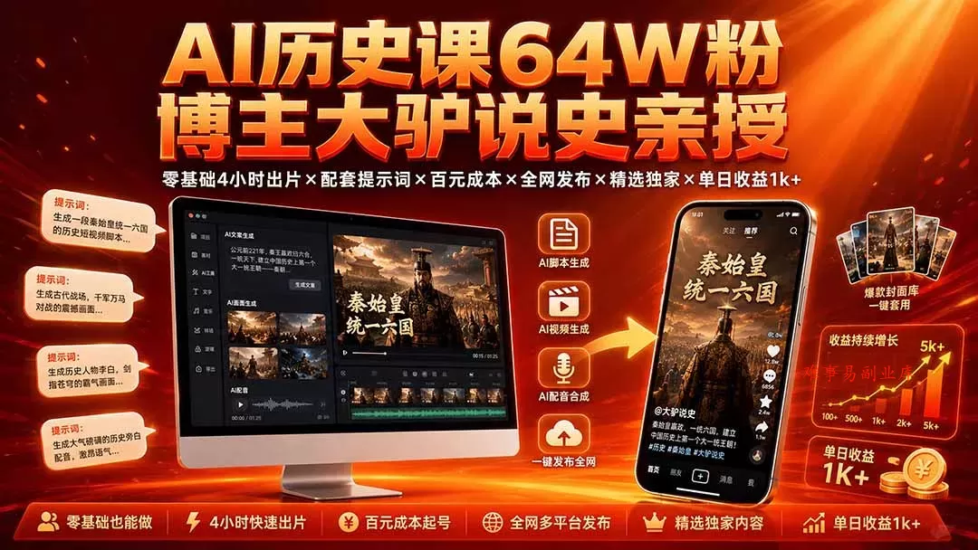 AI历史课64W粉博主大驴说史亲授：零基础4小时出片×配套提示词×百元成本×全网发布×精选独家×单日收益1k+-难事易副业库