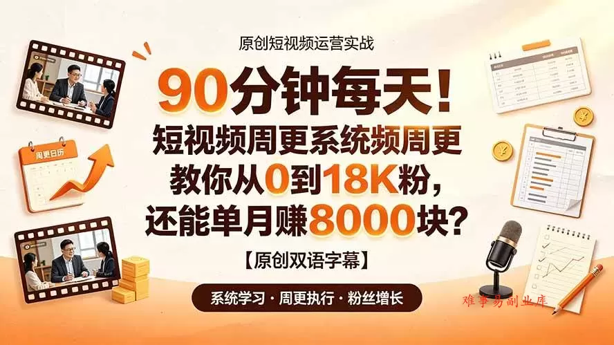 （19265期）90 分钟每天！短视频周更系统教你从 0 到 18K 粉，还能单月赚 8000 块？【原创双语字幕】-难事易副业库