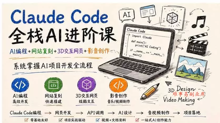 （19735期）Claude Code全栈AI进阶课；AI编程+网站复刻+3D交互网页+影音创作，系统掌握AI项目开发全流程-难事易副业库