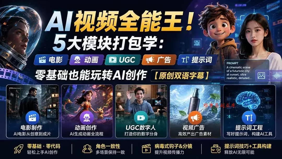 （20048期）AI视频全能王！5大模块打包学：电影、动画、UGC、广告、提示词，零基础也能玩转AI创作【原创双语字幕】-难事易副业库