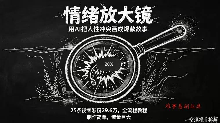 AI制作“情绪放大镜“视频，25条视频涨粉29.6W粉，流量巨大，制作简单，全流程教程-难事易副业库
