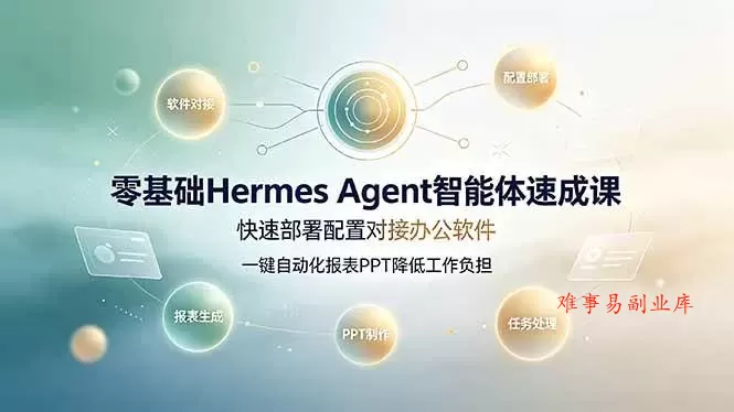 （19156期）零基础Hermes Agent智能体速成课，快速部署配置对接办公软件；一键自动化报表PPT降低工作负担-难事易副业库