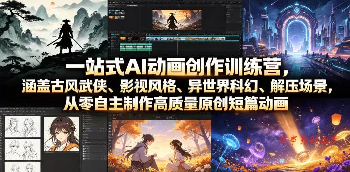 一站式AI动画创作训练营，涵盖古风武侠、影视风格、异世界科幻、解压场景，从零自主制作高质量原创短篇动画-难事易副业库