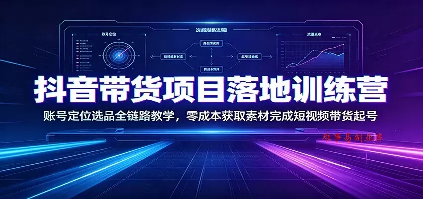 抖音带货项目落地训练营：账号定位选品全链路教学，零成本获取素材完成短视频带货起号-难事易副业库