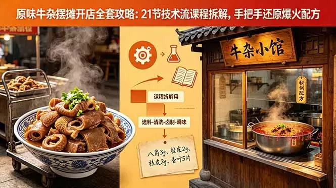 原味牛杂摆摊开店全套攻略：21节技术流课程拆解，手把手还原爆火配方-难事易副业库