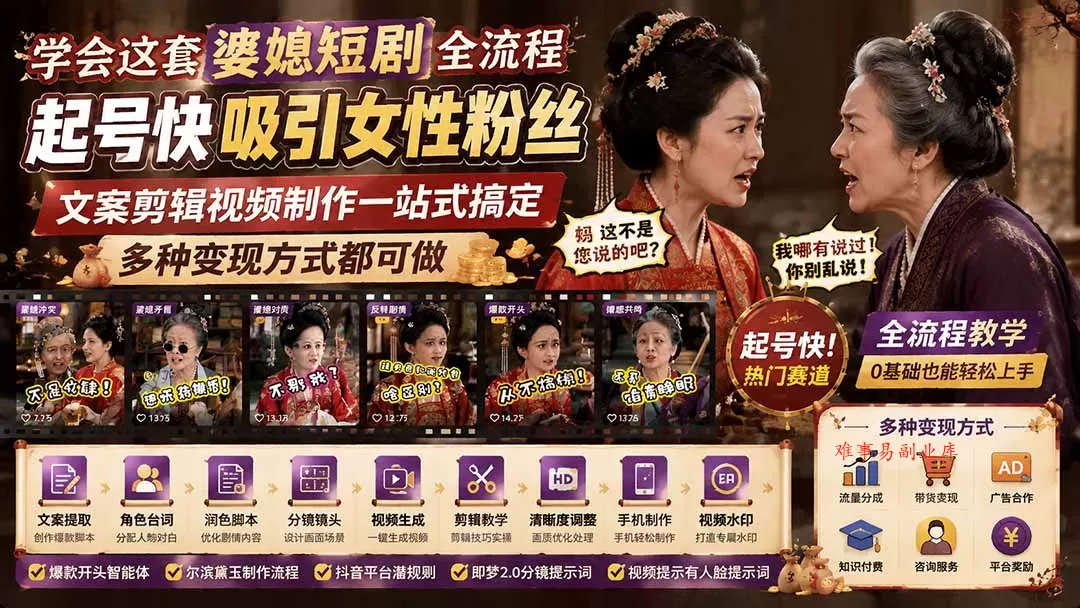学会这套婆媳短剧全流程：起号快吸引女性粉丝，文案剪辑视频制作一站式搞定，多种变现方式都可做