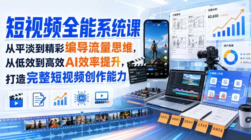 短视频全能系统课，从平淡到精彩编导流量思维，从低效到高效AI效率提升，打造完整短视频创作能力（2026年8月30更新233集）-难事易副业库