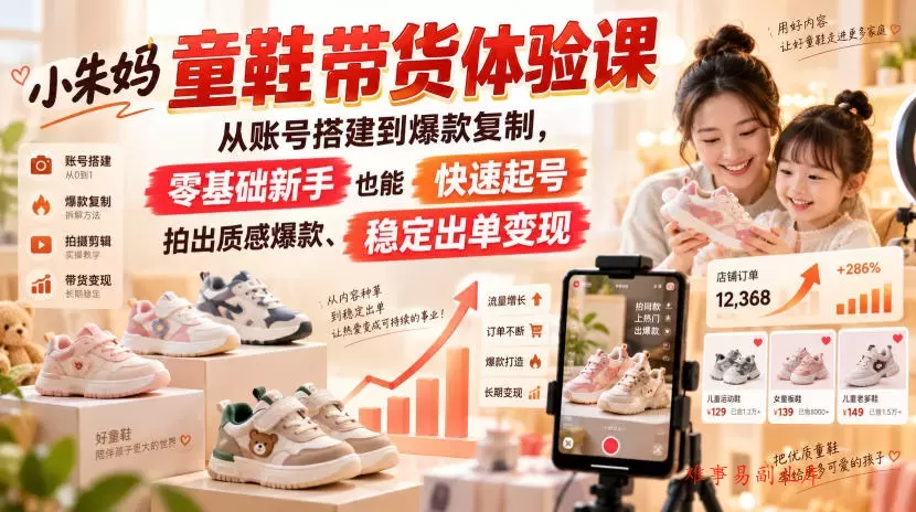 小朱妈童鞋带货体验课，从账号搭建到爆款复制，零基础新手也能快速起号、拍出质感爆款、稳定出单变现-难事易副业库