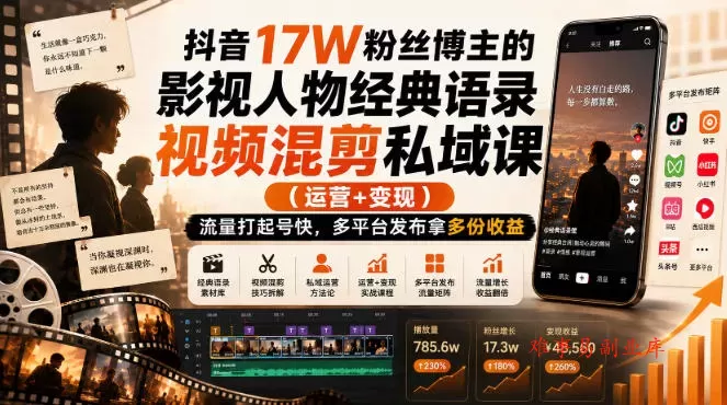 抖音17W粉丝博主的影视人物经典语录视频混剪私域课（运营+变现)，流量大起号快，多平台发布拿多份收益-难事易副业库