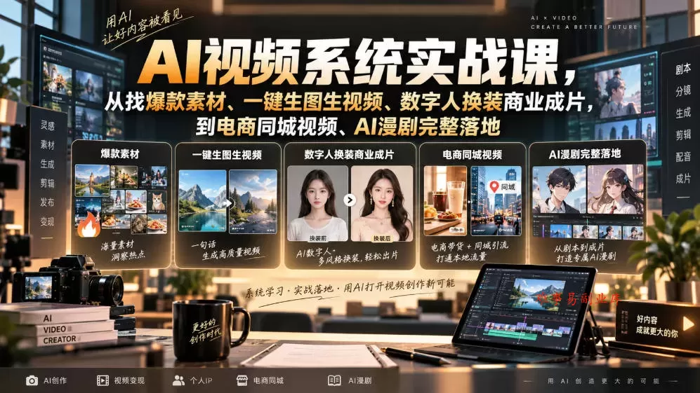 AI视频系统实战课，从找爆款素材、一键生图生视频、数字人换装商业成片，到电商同城视频、AI漫剧完整落地-难事易副业库