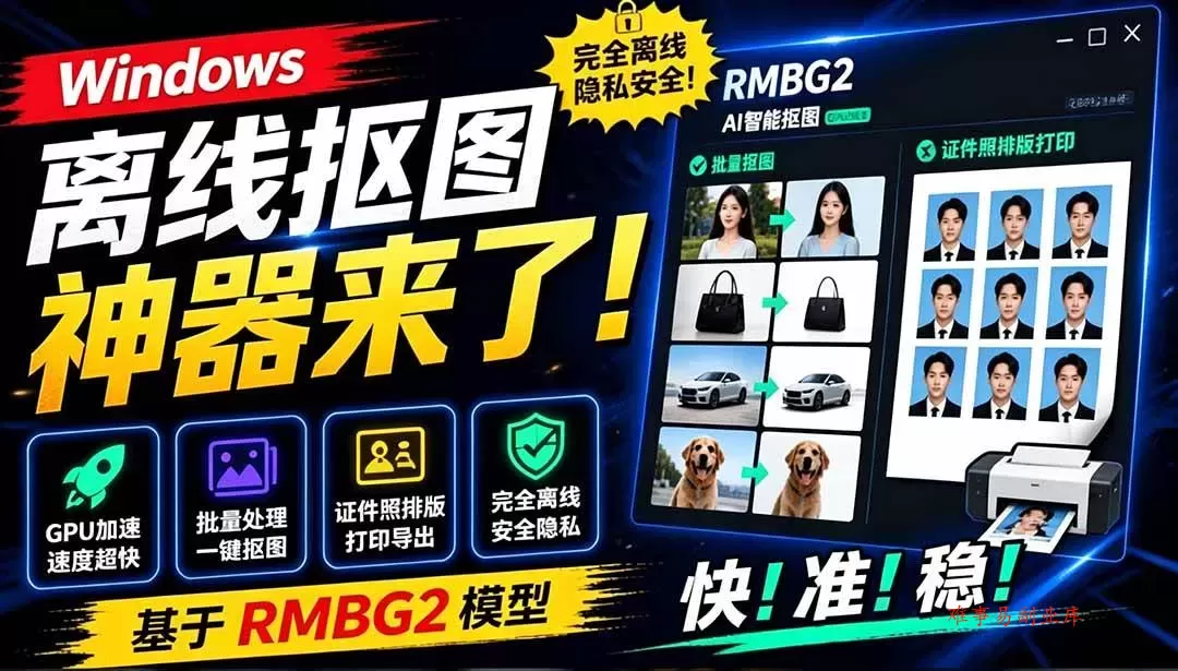 (19357期)Windows离线抠图神器来了!支持批量抠图 + 证件照排版打印,基于RMBG2模型,GPU加速 方块AI抠图 (19357期)Windows离线抠图神器来了!支持批量抠图 + 证件照排版打印,基于RMBG2模型,GPU加速 方块AI抠图