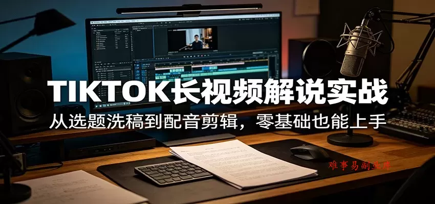 TIKTOK长视频解说实战：从选题洗稿到配音剪辑，零基础也能上手-难事易副业库